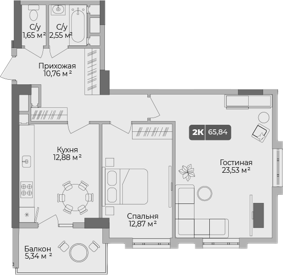 2-комн., 64.24 м², 9/17 этаж, ЖК «Золотой берег. СЗ Среда»