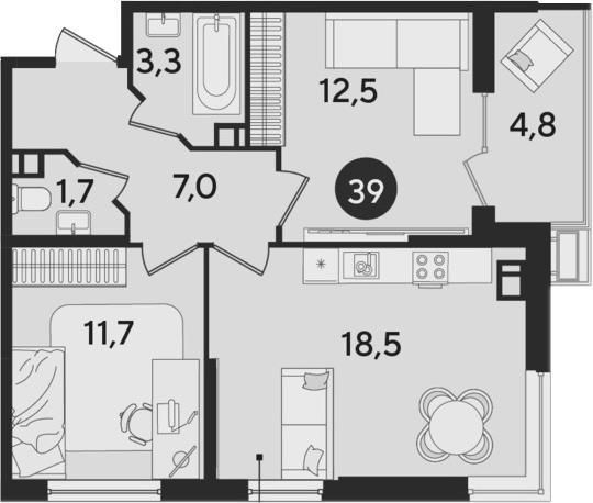 3-комн., 54.7 м², 3/9 этаж, ЖК «Парк Победы»
