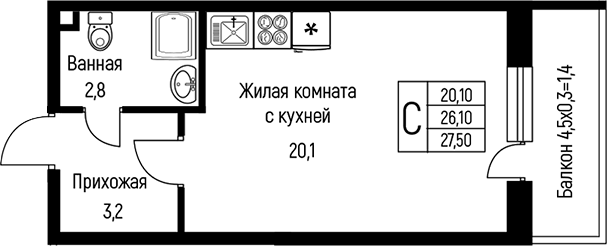 Студия, 26.1 м², 1/3 этаж, ЖК «Nova Vita»