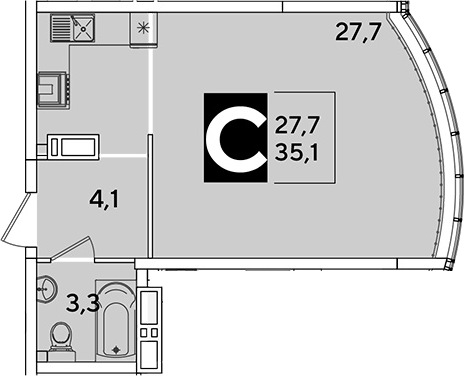 Студия, 35.1 м², 15/16 этаж, ЖК «Самолет»