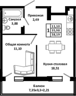 2-комн., 35.7 м², 3/4 этаж, ЖК «Южные Соседи»