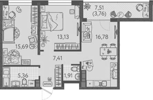 2-комн., 58.59 м², 8/9 этаж, ЖК «Друзья»