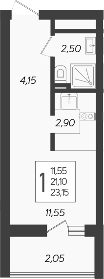 Студия, 21.1 м², 8/19 этаж, ЖК «Кислород»