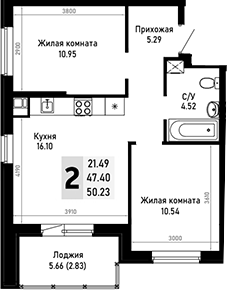 2-комн., 47.4 м², 3/4 этаж, ЖК «Усадьба Гостагаевская»
