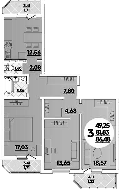 3-комн., 81.83 м², 15/16 этаж, ЖК «Восточный. Квартал №6»