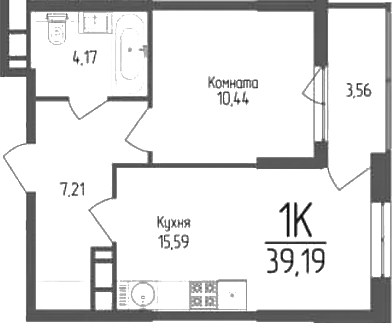 1-комн., 37.41 м², 2/18 этаж, ЖК «Кумир»