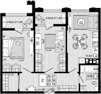 2-комн., 59.56 м², 3/8 этаж, ЖК «Резиденция морей»