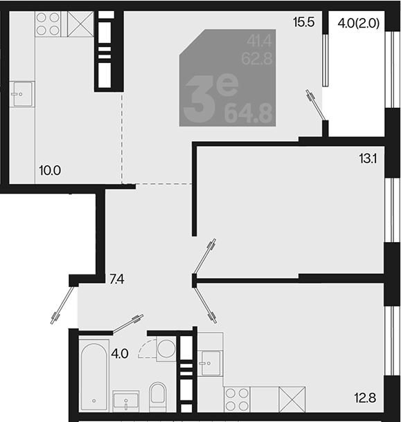 3-комн., 62.8 м², 18/18 этаж, ЖК «Первое место»