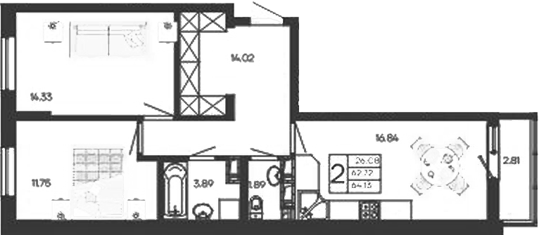 2-комн., 62.72 м², 15/18 этаж, ЖК «Дом 101»