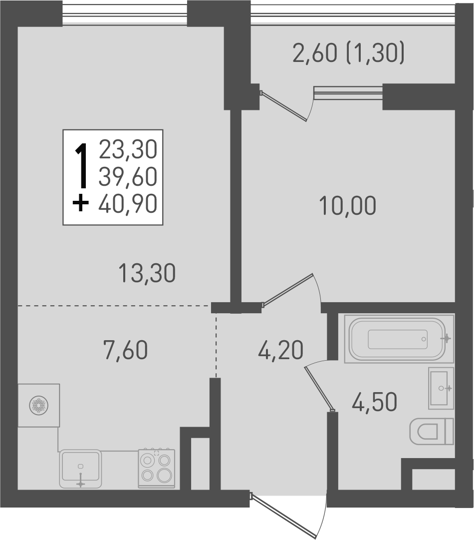 2-комн., 40.1 м², 1/8 этаж, ЖК «Югге»