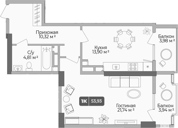1-комн., 51.56 м², 1/17 этаж, ЖК «Золотой берег. СЗ Среда»
