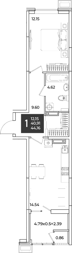 1-комн., 40.91 м², 16/18 этаж, ЖК «Образцово»