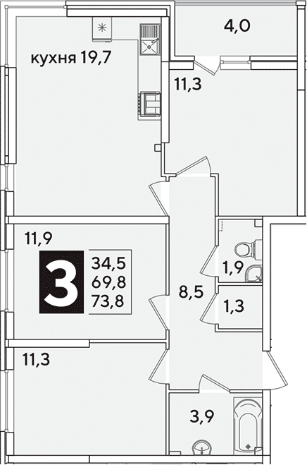 4+ комнаты, 69.8 м², 2/16 этаж, ЖК «Самолет»