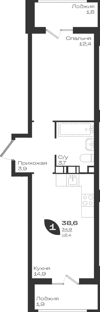 1-комн., 34.9 м², 6/9 этаж, ЖК «Ботаника»