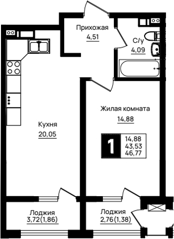 1-комн., 43.53 м², 8/18 этаж, ЖК «Резиденция морей»