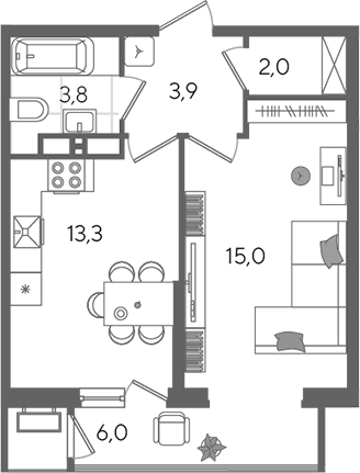 1-комн., 38 м², 22/24 этаж, ЖК «Рекорд»