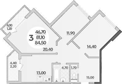 3-комн., 80.6 м², 3/22 этаж, ЖК «Парк у дома»