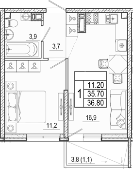 2-комн., 35.7 м², 2/17 этаж, ЖК «Лестория»