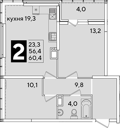 3-комн., 56.4 м², 15/16 этаж, ЖК «Самолет»