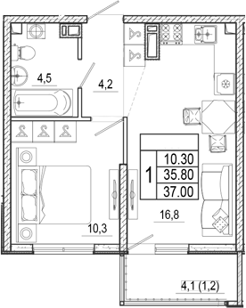 2-комн., 35.8 м², 17/17 этаж, ЖК «Лестория»