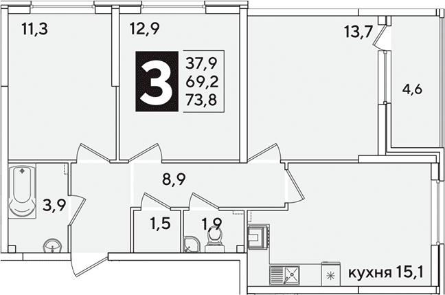 4+ комнаты, 69.2 м², 2/16 этаж, ЖК «Самолет»