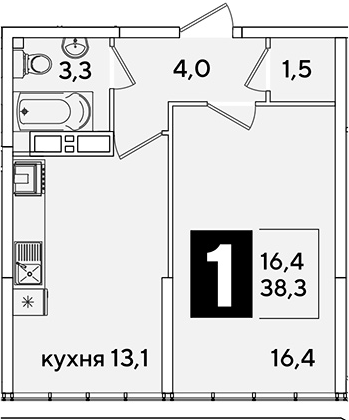 1-комн., 38.3 м², 16/16 этаж, ЖК «Самолет»