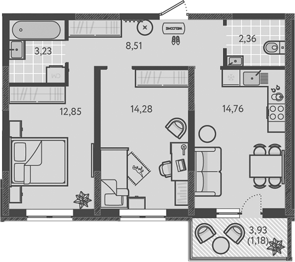 2-комн., 55.99 м², 3/18 этаж, ЖК «Теплые края»