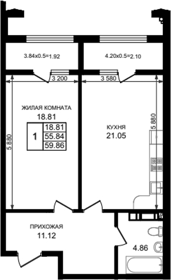 1-комн., 55.84 м², 7/8 этаж, ЖК «Резиденция морей»