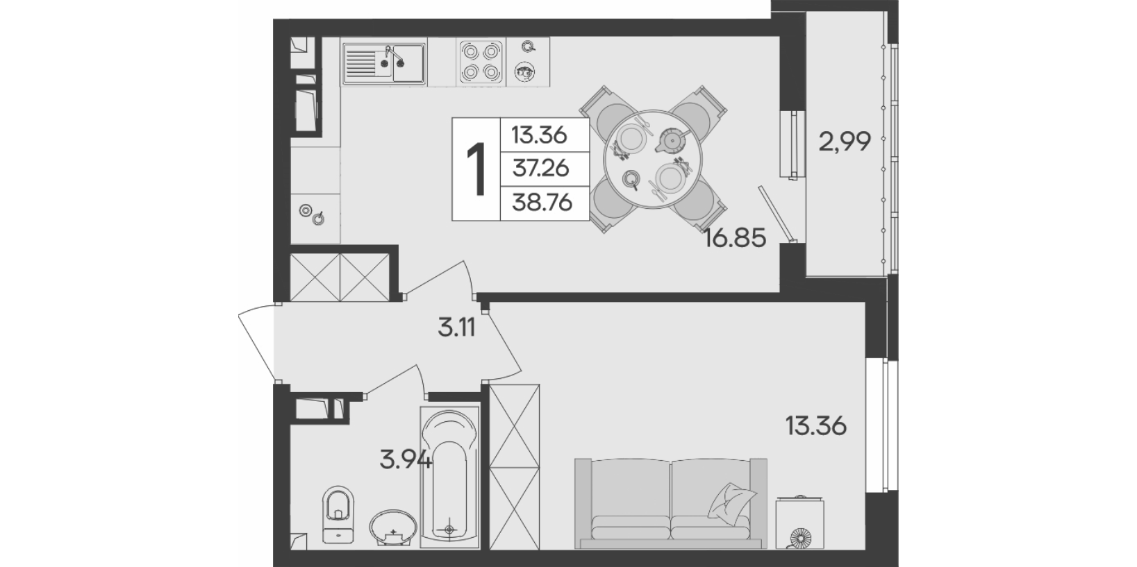 1-комн., 37.26 м², 8/9 этаж, ЖК «Дом 101»