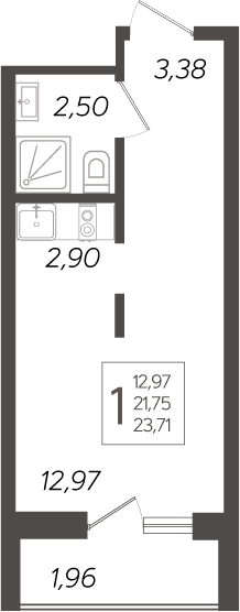 Студия, 21.75 м², 15/19 этаж, ЖК «Кислород»