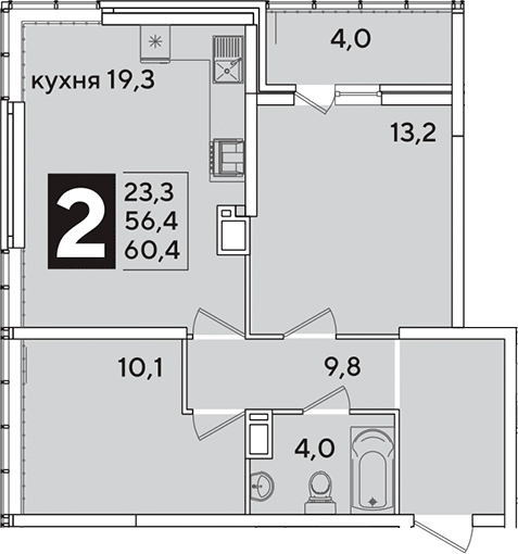 3-комн., 56.4 м², 15/16 этаж, ЖК «Самолет»