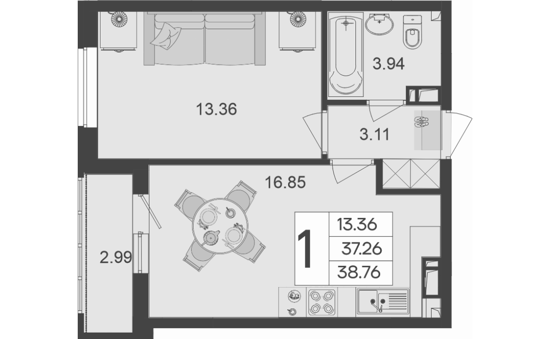 1-комн., 37.26 м², 6/9 этаж, ЖК «Дом 101»
