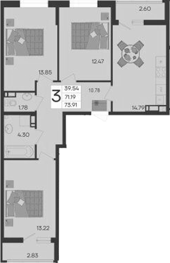 3-комн., 71.19 м², 4/9 этаж, ЖК «Дом 101»