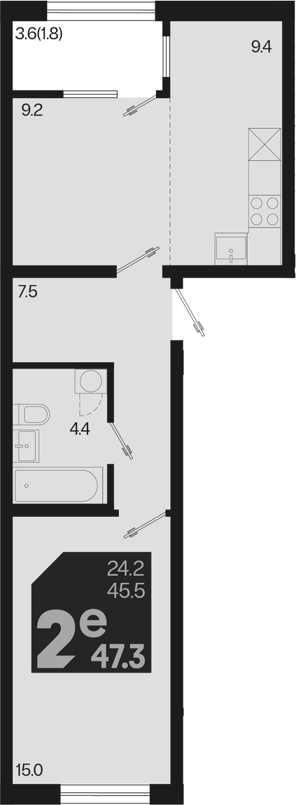 2-комн., 45.5 м², 2/9 этаж, ЖК «Первое место»
