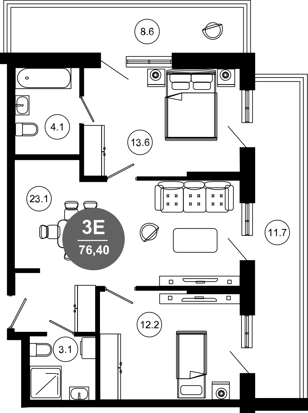 3-комн., 56.1 м², 8/10 этаж, ЖК «Гостиничный комплекс GREENMONT»
