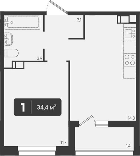 1-комн., 33 м², 3/9 этаж, ЖК «Архитектор. ГК ЮгСтройИнвест»