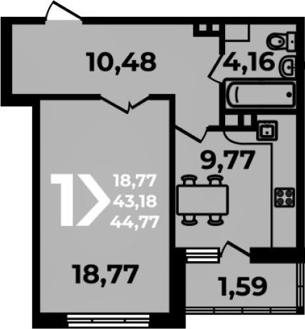 1-комн., 43.18 м², 4/19 этаж, ЖК «Аксиома»