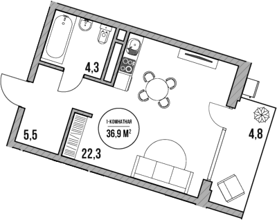 Студия, 32.1 м², 3/5 этаж, ЖК «МореТут»