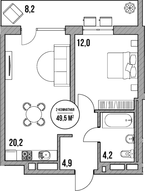 2-комн., 41.3 м², 1/5 этаж, ЖК «МореТут»