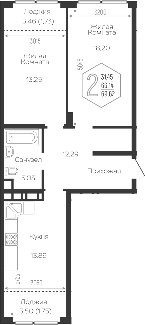 2-комн., 63.92 м², 11/16 этаж, ЖК «Гарантия PRIME»