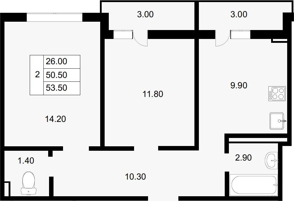 2-комн., 50.5 м², 13/18 этаж, ЖК «Парк у дома»