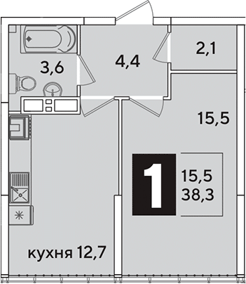 1-комн., 38.3 м², 16/16 этаж, ЖК «Самолет»