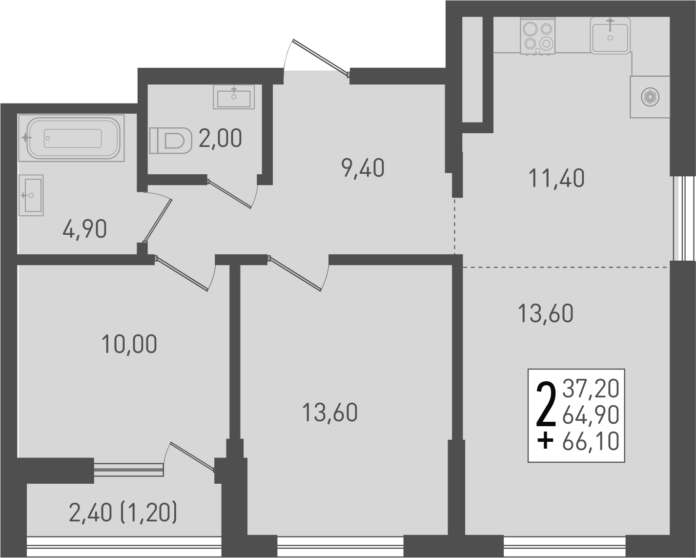 3-комн., 64.4 м², 2/8 этаж, ЖК «Югге»