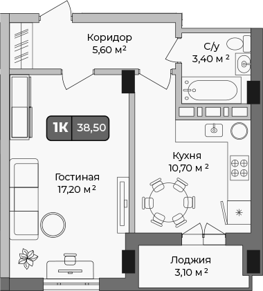 1-комн., 36.95 м², 9/9 этаж, ЖК «Опера»
