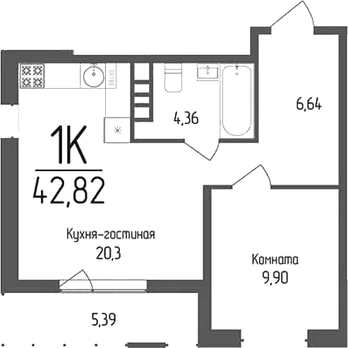 1-комн., 41.2 м², 2/9 этаж, ЖК «Кумир»