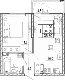 2-комн., 34.5 м², 3/17 этаж, ЖК «Лестория»
