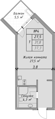Студия, 31.8 м², 1/4 этаж, ЖК «Оазис Азова»