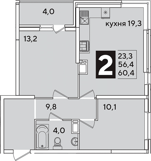 3-комн., 56.4 м², 14/16 этаж, ЖК «Самолет»