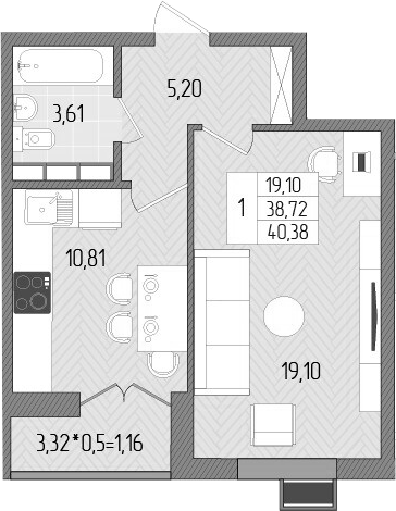 1-комн., 38.72 м², 3/8 этаж, ЖК «Сады у моря»
