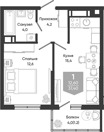 2-комн., 36.2 м², 18/24 этаж, ЖК «Облака»